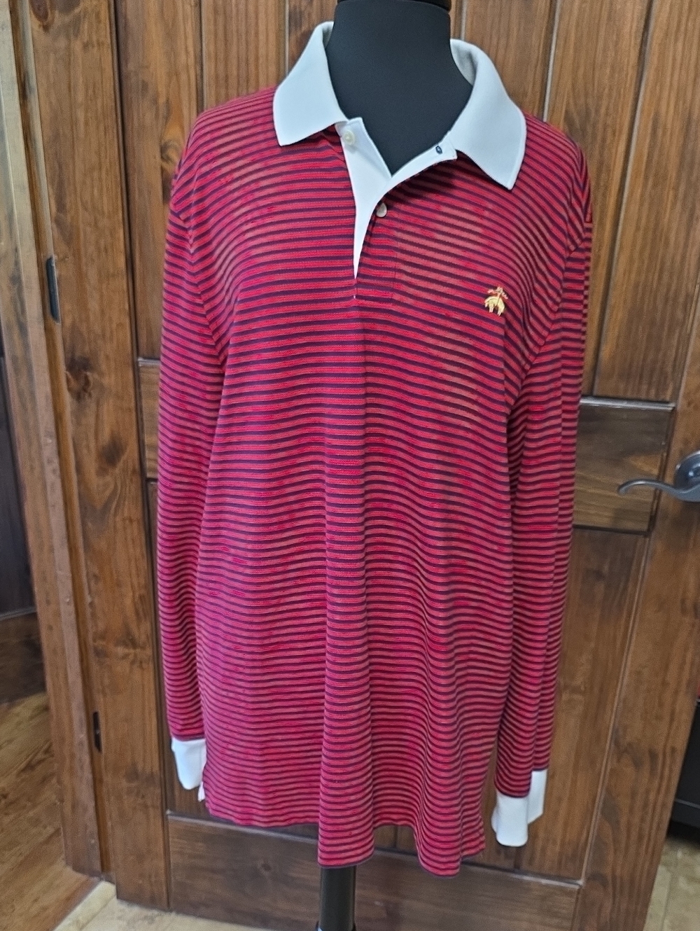 Brooks Brothers Red and Navy Striped Long-Sleeve Polo with White Collar Size XL